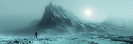 A man is standing in front of a large snowy mountain, with snow-covered peaks and a clear blue sky in the background. He is looking up at the majestic mountain in awe.の素材