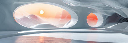 A room carved into an ice cave with a window allowing sunlight to penetrate, creating a striking contrast of warm light against the cold ice walls.の素材