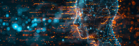 In this futuristic depiction, a man's head is shown in a digital format, highlighting technological advancements. The image exudes a modern and innovative vibe through the portrayal of the human mind in a high-tech setting.の素材