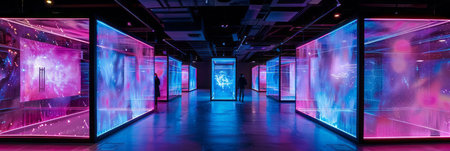 Room filled with glass cases illuminated by neon lights.の素材