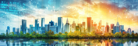 The city skyline dominates the foreground of the scene, with a river flowing in the background. Tall buildings, bridges, and urban infrastructure are visible, creating a bustling cityscape against the serene river backdrop.の素材