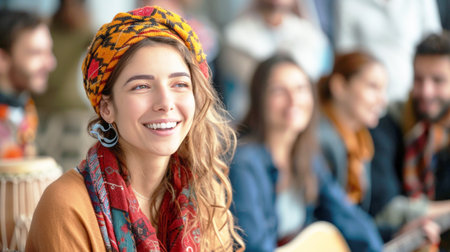 A woman with long hair is happily smiling in a turban and scarf in front of a group of people at a fun event, showcasing fashion accessories and traditional jewelryの素材