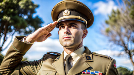 Man in Formal Military Uniform Saluting with Respectの素材