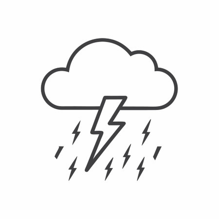 A simple, monochrome illustration of a cloud with lightning and rain, conveying a stormy atmosphere.のイラスト素材