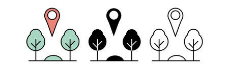 Stylized tree and location pin icons in pastel and monochrome colors, representing nature and navigation.のイラスト素材