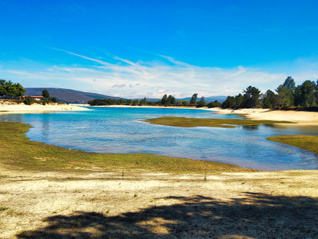 Camping playa arija located in the ebro reservoir north of Burgos near the source of the ebro, Spainの写真素材