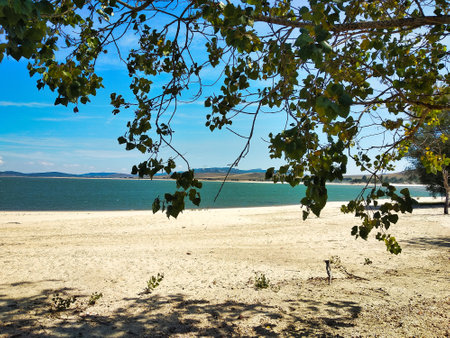 Camping playa arija located in the ebro reservoir north of Burgos near the source of the ebro, Spainの写真素材