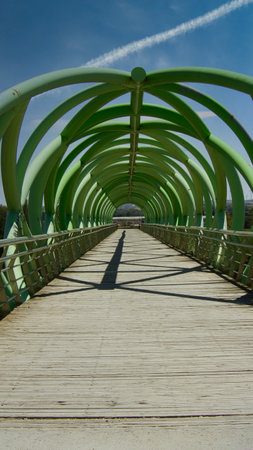 Bicentennial footbridge pedestrian bridge over the Ebro river in Zaragoza Spainの写真素材