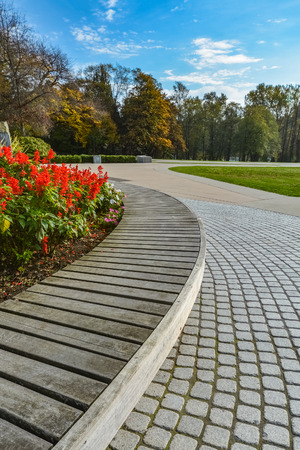 Curved wooden bench along paved pathway on autumn season in the parkの写真素材