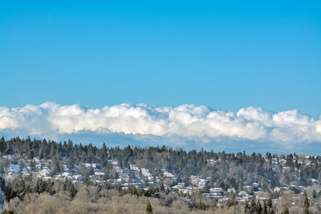 Residential houses in suburban area on cloudy sky backgroundの写真素材