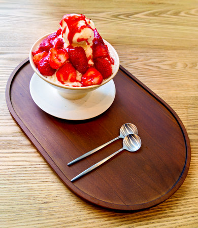 Strawberry bingsoo dessert. Ice cream with strawberriesの写真素材