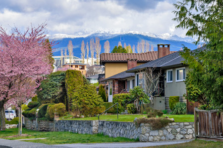Street of residential houses on early spring time in Vancouver, BCの写真素材