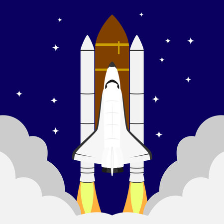 Illustration of a launch of a space shuttle with a starry night sky background.のイラスト素材