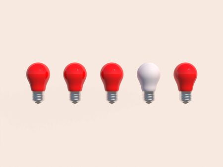 Think of a different concept A white bulb protruding from the red bulbs on a white wall background with individualの写真素材