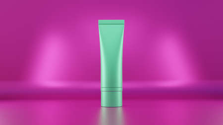 3D illustration green cream jar with pink backgroundの写真素材