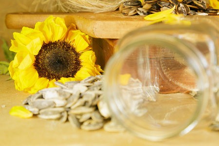 Still life of composition of pipes and sunflowers with glass jarの写真素材