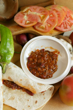 Mexican bean burritos with beef and corn pancakesの写真素材