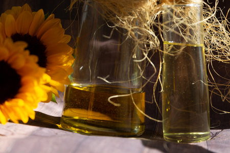 Glass bottles with oil inside and sunflower flowers adorned with raffiaの写真素材