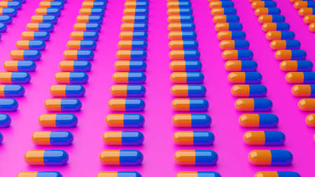 3d illustration blue and yellow 3d pills on pink backgroundの写真素材
