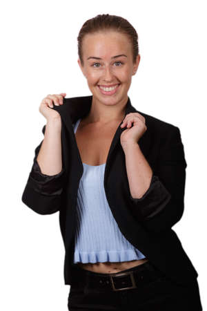 Attractive blonde young woman smiling on white backgroundの写真素材