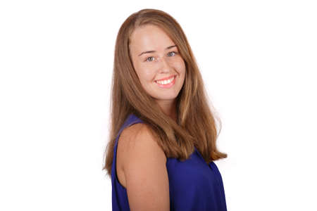 Attractive blonde young woman smiling on white backgroundの写真素材