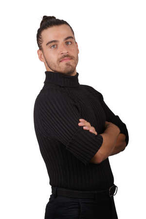 man in black jersey with white background making funny gestures-の写真素材
