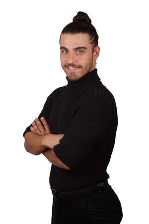 man in black jersey with white background making funny gesturesの写真素材