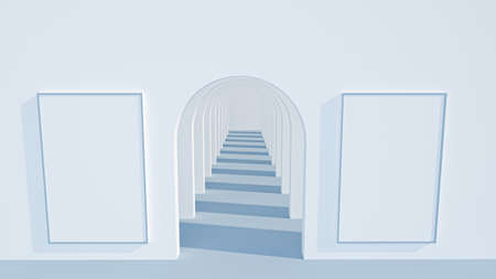 Background of white arches with tunnel and cast shadows. 3D rendering.の写真素材