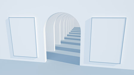 Background of white arches with tunnel and cast shadows. 3D rendering.の写真素材