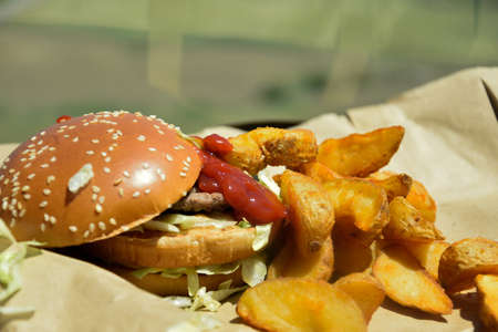 Close-up, close-up view Burger, Hamburger from self-service restaurant