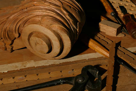 Cabinetmaking work table with carpenters tools, Craftsmanshipの写真素材
