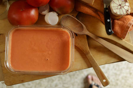Food ingredients to make Salmorejo, a traditional food from Cordoba, Spain.の写真素材
