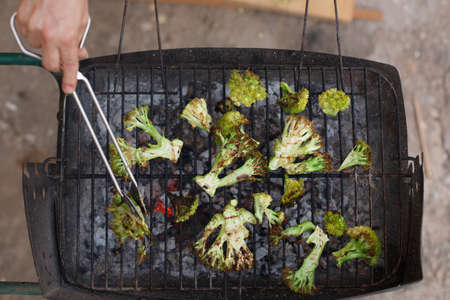 broccoli grilled on homemade barbecue, healthy vegetarian foodの写真素材