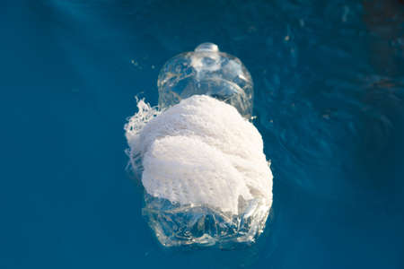 plastic bottles with net bags floating in the water, plastic pollution, pollution in the sea