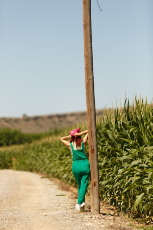 Woman with hat walking on dirt road between planted corn fieldの写真素材