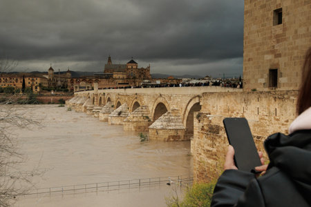 Person capturing bridge with cell phone against cityscape backdropの写真素材