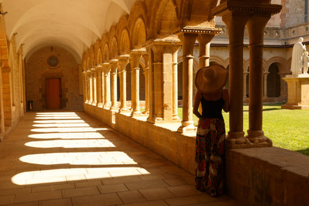 A woman with a hat is standing in a hallway with medieval architecture. The scene includes columns,...