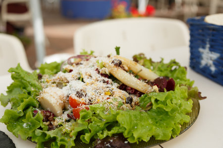 Presented on a plate is a salad featuring lettuce and asparagus, perfect for a healthy and tasty meal, ideal for those who enjoy fresh, vibrant foodsの写真素材