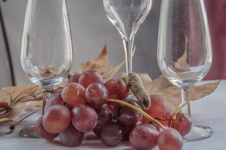 Elegant Wine Setting with Grapes and Glasses, perfect for a sophisticated evening or celebration