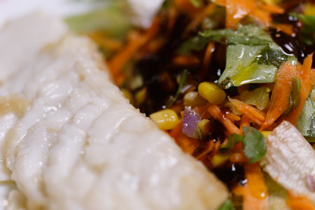 Balanced and nutritious meal with Healthy Vegetable Salad and Grilled Fish Fillet for good healthの写真素材