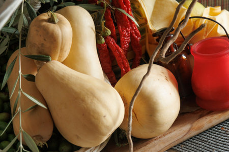 Enjoying Fresh, Vibrant Produce Featuring Squash and Colorful Peppers for Your Meals Todayの写真素材