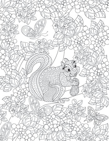 Coloring book for adult and older children. Coloring page with a squirrel and flowers.のイラスト素材