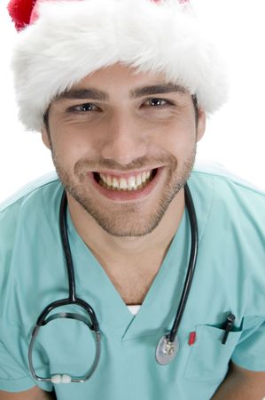 smiling doctor with stethoscope on an isolated backgroundの写真素材