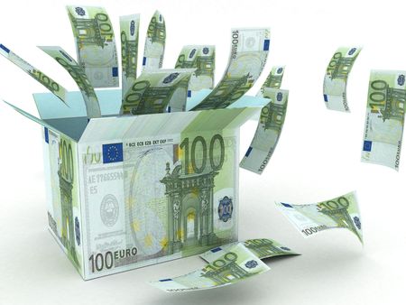 three dimensional present opened and wrapped with 100 euro on an isolated white backgroundの写真素材
