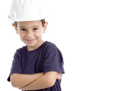 little architect wearing hardhat isolated on white backgroundの写真素材