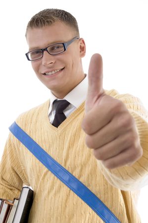smart student wearing spectacles with thumbs up on an isolated white backgroundの写真素材