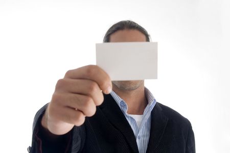 young american male with business card against white backgroundの写真素材