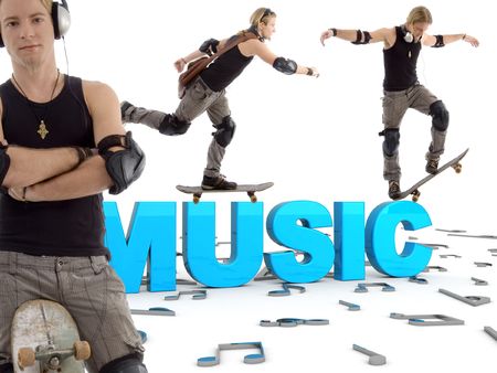different poses of sportive man with skateboard and three dimensional music text