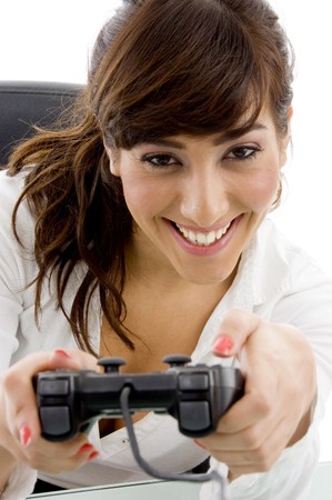 front view of smiling attorney playing videogame with white background