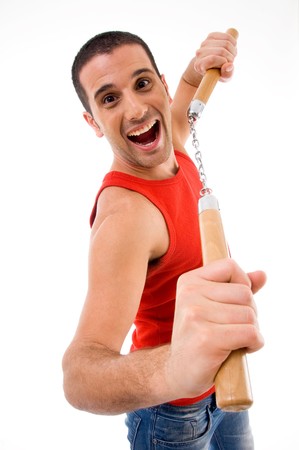 side view of male fighter on an isolated backgroundの写真素材
